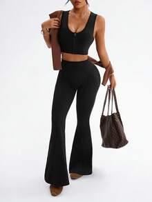 Dewbera Bộ đồ thể thao 2 món dành cho nữ, gồm áo tank top và quần ống loe, không đường may, hở lưng, cổ tròn, khóa kéo phía trước, ôm dáng, thích hợp cho chạy bộ, tập thể dục, yoga. - màu đen - Xem 3