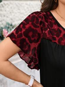Miaspire Áo kiểu nữ cỡ lớn in họa tiết da báo, thắt nơ phía trước, tay bồng, kiểu dáng thanh lịch. - Đỏ - Xem 3