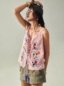 SoleilVie 女士粉色格子刺绣衬衫 - 无袖方领流苏系带前襟花卉刺绣夏季衬衫 - 粉色 - 查看 8