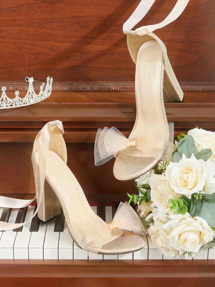 CUCCOO HITCHD Champagne Color Chunky Heel Sandals, Mesh Bow Decor, Satin Lace-Up, Sweet & Elegant Party/Date Shoes For Women Elegant Shoes Wedding Shoes