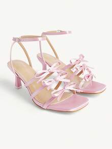 CUCCOO CHICEST Pink Satin Bow High Heel Sandals Square Toe Strap Cross Strap Elegant Banquet Sandals - Pink - View 2