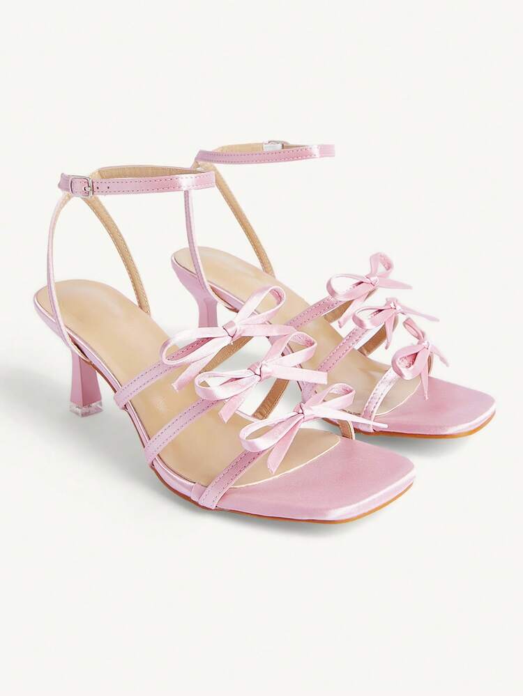 CUCCOO CHICEST Pink Satin Bow High Heel Sandals Square Toe Strap Cross Strap Elegant Banquet Sandals Wedding Shoes Summer Shoes Bride Shoes
