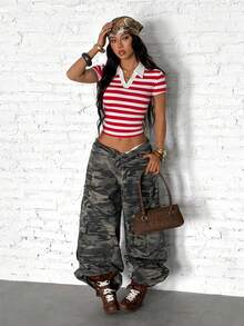 StreetHx Women's Summer Polo Shirt, Red And White Striped Collared T-Shirt - Multicolor - View 2