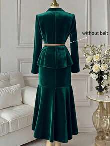 GlowEve 2pcs Women's Elegant Solid Color Versatile Velvet Blazer And Mermaid Hem Skirt Set, Autumn - Dark Green - View 2