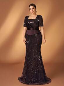 Serin 大码优雅奢华珍珠串珠亮片刺绣网纱袖钻石美人鱼礼服，适合婚礼、派对、度假、新娘、新娘母亲晚礼服 - 咖啡棕 - 查看 4