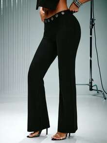 Denimoi O Ring Cut Out Waist Boot Cut Pants Sexy Outfits Sexy Pants GNO Clubwear Concert Outfits - Black - View 4
