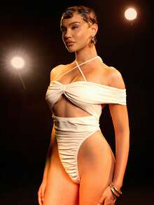 Hauture Women's Sexy Hollow Out Halter Neck Tie Back Ruched Bodycon Bodysuit - Khaki - View 7