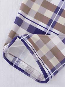 Tween Boy Letter Print Crew Neck Short Sleeve Top And Plaid Pants Pajama Set - Navy Blue - View 6