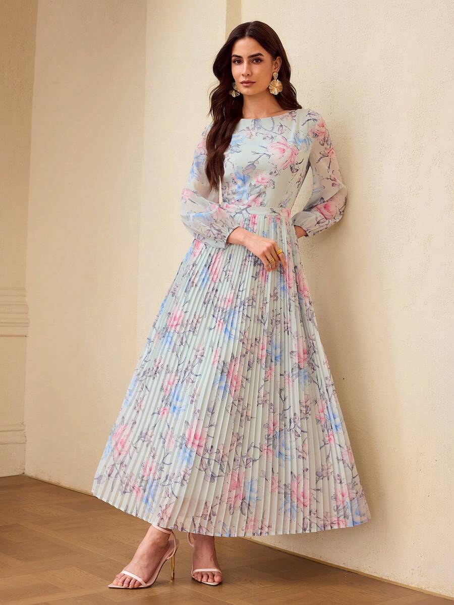 ZEYLAH Fashionable Printed Pleated Women Dress - Blue - View 1