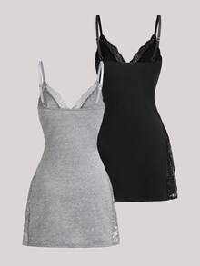 Hourtrue 2pcs Lace Patchwork Bow Decor Romantic Side Slit Cami Nightgown - Multicolor - View 2