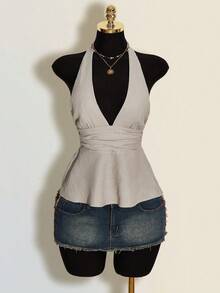 SHEIN ICON Halloween Women's Halter Backless Black Babydoll Tank Top - Grey - View 4