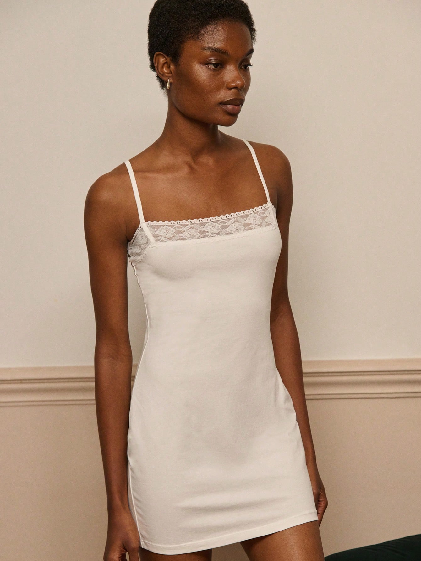 White Lace Trim Slip Cotton Mini Dress With Cami Straps Chic Cotton Dress Cotton Sleepwear