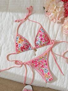 Swim Mod 2件套女士随机印花露背金属装饰侧系带性感比基尼套装，春夏款 - 彩色 - 查看 2
