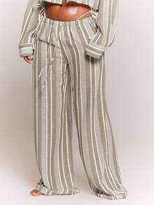 MUSERA Textured Linen Stripe Wide Leg Drawstring Trouser Co-Ord Bottoms Only Spring Summer Beachwear Holiday Vacation Cute Casual - Multicolor - View 2