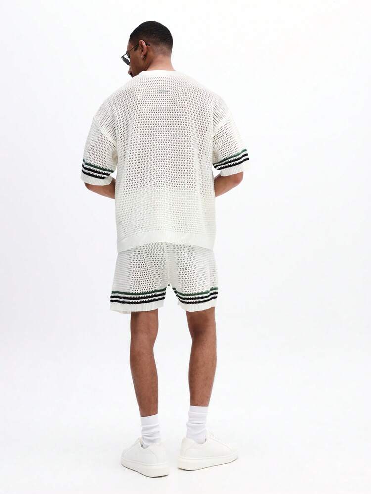 스트라이프 트림이 있는 메쉬 니트 반팔 스웨터와 반바지 세트