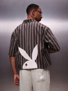 PLAYBOY X SUMWON Men's Striped Short Sleeve Button Down Shirt With Bunny Print Regular Fit Collared Casual Summer Top - Brown - View 4