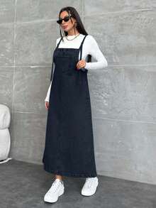 EURMUSE WOMEN LONG DENIM DRESS POCKET DETAILED - Navy Blue - View 4