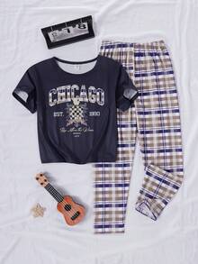 Tween Boy Letter Print Crew Neck Short Sleeve Top And Plaid Pants Pajama Set - Navy Blue - View 1