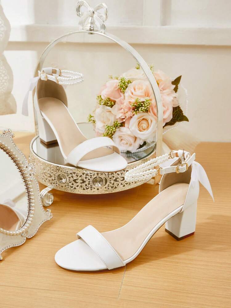 CUCCOO HITCHD Women's Classic Fashion High Heel Sandals With Pearl & Bow Decor, Elegant Thick Heel Sandals For Wedding, Valentine's Day Wedding Shoes Spring Shoes Bride Shoes