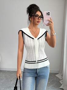 Elenzga Elegant Sleeveless Fitted Women T-Shirt, Spring/Summer - White - View 3