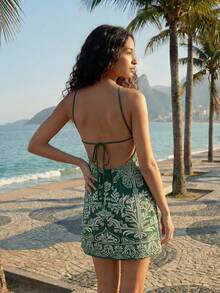 CAJUNI Tropical Print Backless Mini Dress, Suitable For Summer Vacation & Beach - Green - View 2