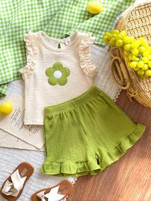 SHEIN Vintaside Kids 女童（小号）针织提花象牙色荷叶边吊带背心和粉色荷叶边短裤套装，可爱迷人的宝宝夏季服装 - 綠色 - 查看 3