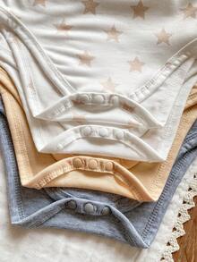 SHEIN Vintaside Kids 4pcs/Set Baby Boy/Girl Cute Knitted Elastic Striped Short Sleeve Rompers, Basic Bodysuit Multi-Pack, Spring/Summer - Multicolor - View 7