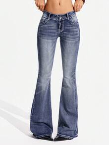 SHEIN Tall Women's Pocket Button Casual Versatile Daily Wear Flare Leg Jeans - Dark Wash - View 5