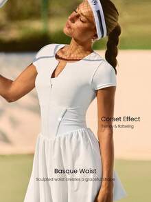 GLOWMODE Ace The Day Half-Zip Placket Tummy Control Built-In Shorts Cap Sleeves Side Pockets Anti-Slip Grips Tennis Dress Low Impact Tennis Golf Pickleball Daily Casual Wear - White - View 5