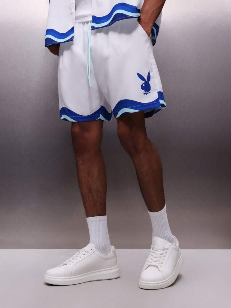 PLAYBOY X SUMWON Men's Casual Summer Drawstring Shorts With Wave Print Detail And Bunny Logo Holiday Beach Vacation Relaxed Fit Elastic Waistband