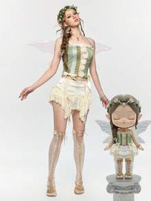 ROMWE Fairycore Minifalda asimétrica de encaje y parches de cintura baja para mujer, estilo vintage - Beis - Ver 1