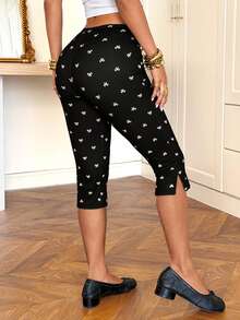 SHEIN EZwear Quần legging nữ ôm sát 7/8, nền đen, thắt nơ. - Đen và trắng - Xem 2