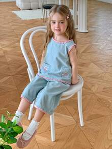 Dazy Kids Pakaian Kasual Musim Panas untuk Anak Perempuan: Atasan Kerah Bulat dengan Blok Warna dan Celana Jeans Lebar - Light Wash - View 7