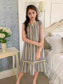 DAZY 女童条纹无袖圆领连衣裙，秋季穿搭 - 藍色 - 查看 3