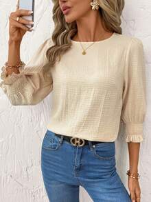 SHEIN Clasi 女士纯色圆领褶皱休闲舒适衬衫，适合日常穿着，春夏款 - 杏色 - 查看 6