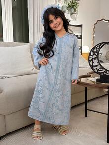 Dazy Kids فستان جاكار أنيق لحفلة للفتاة الصغيرة - الأزرق - مشاهدة 3