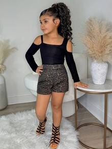 DAZY Young Girl' Leopard Print Denim Shorts - Brown - View 5