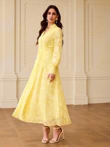 ZEYLAH Women's Elegant Commuter Solid Color Cutout Front Button Long Dress - Yellow - View 5