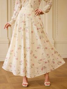 ZEYLAH 女士花卉印花优雅蕾丝裙 - 杏色 - 查看 2