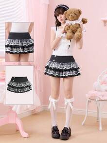 ROMWE J-Fashion Y2K蕾丝拼接波点印花低腰女式迷你裙 - 彩色 - 查看 11