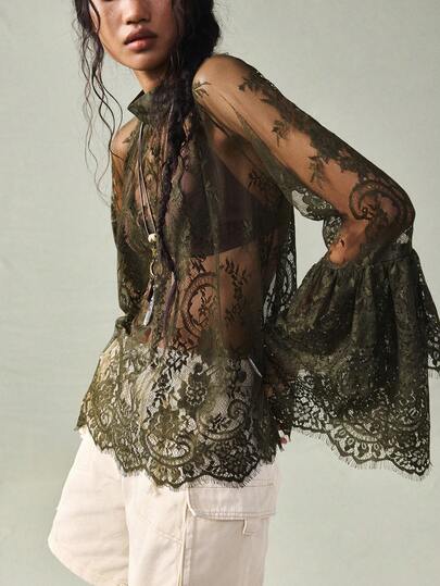 SoleilVie Women's Mandarin Collar Raglan Sleeve Elegant Lace Blouse,Olive Green Sheer Boho Top For Autumn Date,Bohemian Chic Dark Green Lace Shirts Clothing