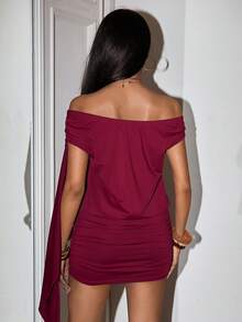 EgrlEra Women's Fashionable Off-Shoulder Wine Red Dress - Burgundy - View 2