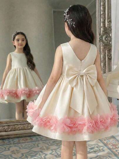 SHEIN 女童无袖纯色圆领拼接3D花朵休闲连衣裙