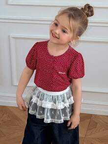 DAZY Young Girl Round Neck Polka Dot & Letter Print Casual Versatile Daily Short Sleeve T-Shirt - Red - View 7