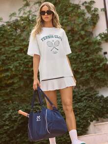 GLOWMODE 匹马棉大摆超柔软轻盈弹力宽松版型及臀复古正面印花圆领T恤，适合网球、高尔夫、匹克球等运动，日常休闲穿着 - 白色 - 查看 6