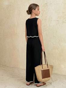 SHEIN 2件套少女碎花圆领休闲吊带背心和裤子套装 - 藍色 - 查看 3