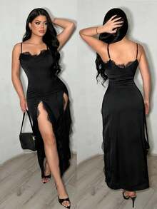 SHEIN SXY 优雅长款吊带裙，蕾丝边饰，开衩设计，收腰剪裁，非常适合派对和聚会。 - 黑色 - 查看 7