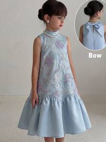 SHEIN 少女纯色立领蝴蝶结网纱亮片刺绣无袖连衣裙 - 白色 - 查看 7