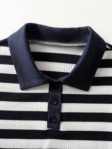 Qadelle 女士休闲条纹短袖修身T恤，夏季 - 藍白色 - 查看 3