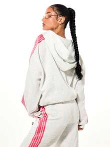 SUMWON WOMEN Women's Pin Badge Detail Full Zip Hoodie With Pink Contrast Stripe Sleeves And Drawstring Hood Casual Sweatshirt - Grey - View 2